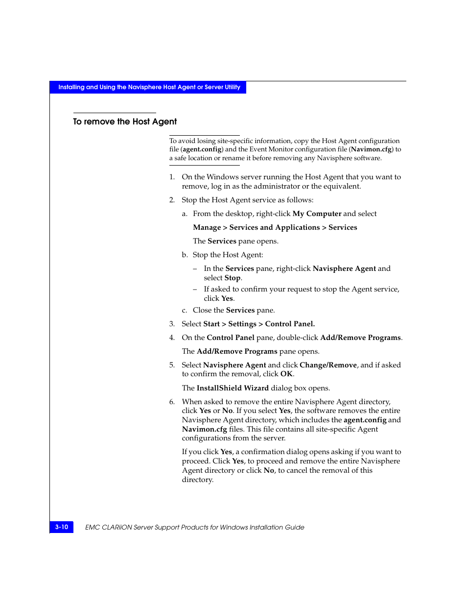 To remove the host agent, To remove the host agent -10 | EMC CLARiiON User Manual | Page 34 / 102