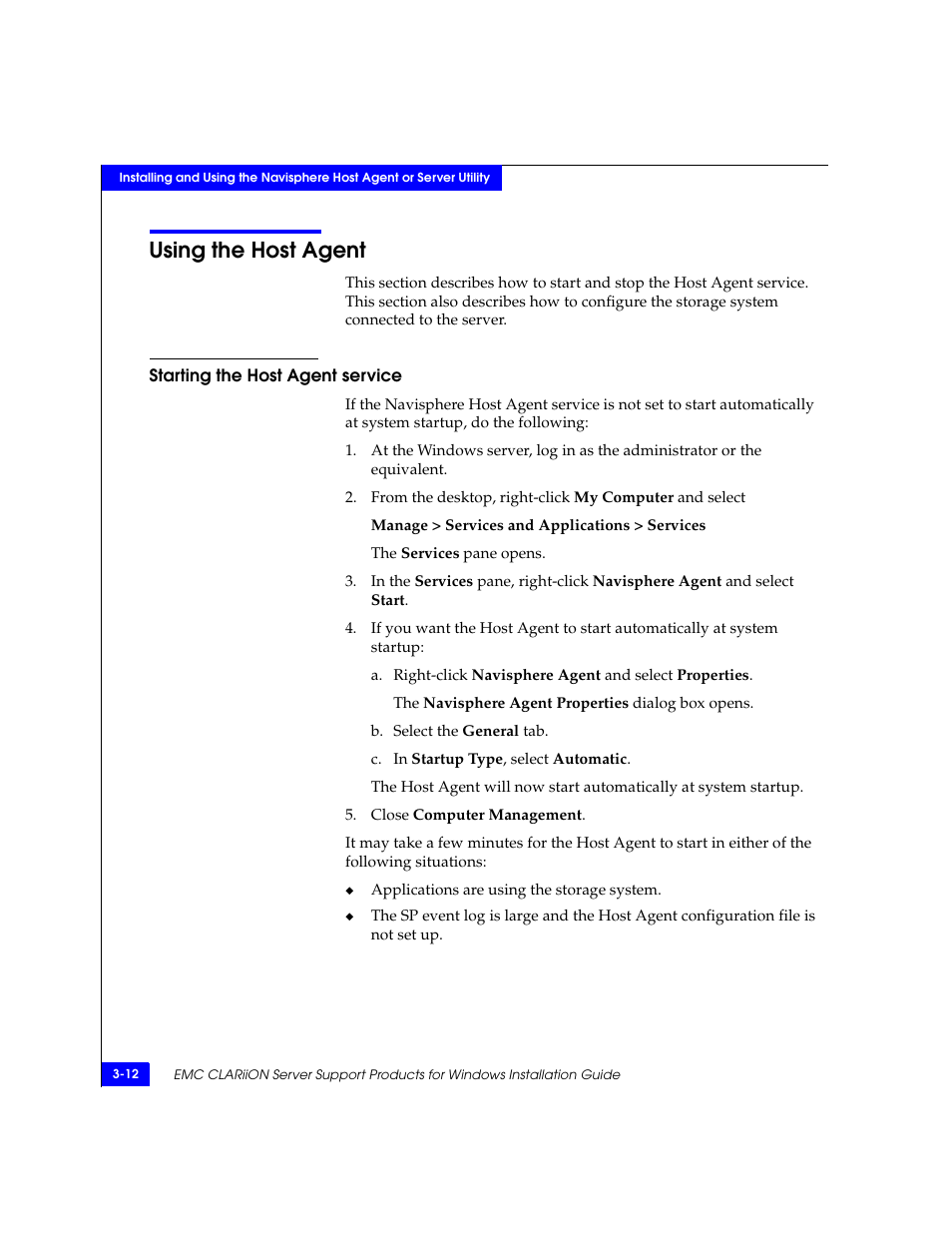 Using the host agent, Starting the host agent service, Using the host agent -12 | Starting the host agent service -12, Starting the host, Agent service | EMC CLARiiON User Manual | Page 36 / 102