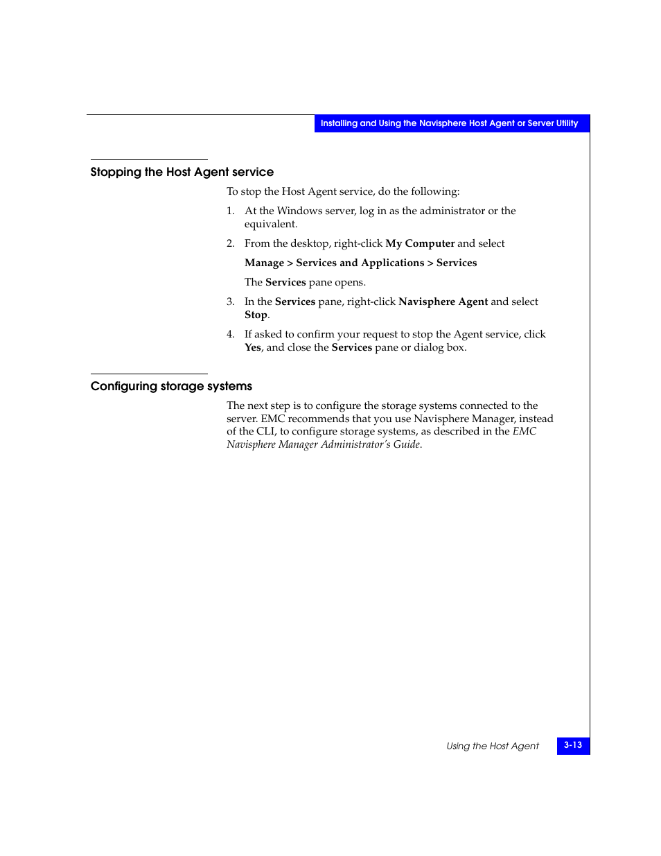 Stopping the host agent service, Configuring storage systems, Stopping the host | Agent service | EMC CLARiiON User Manual | Page 37 / 102