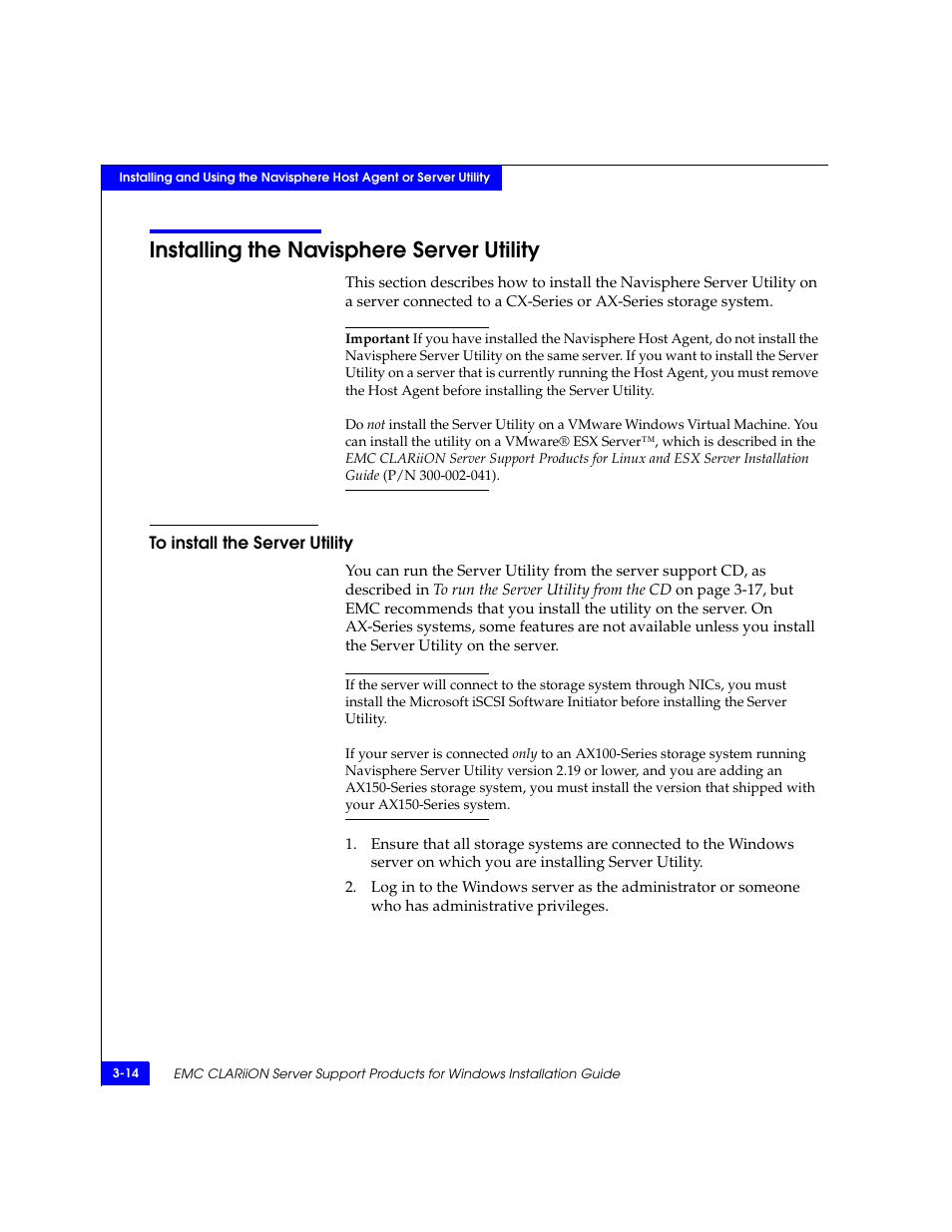 Installing the navisphere server utility, To install the server utility, Installing the navisphere server utility -14 | To install the server utility -14 | EMC CLARiiON User Manual | Page 38 / 102