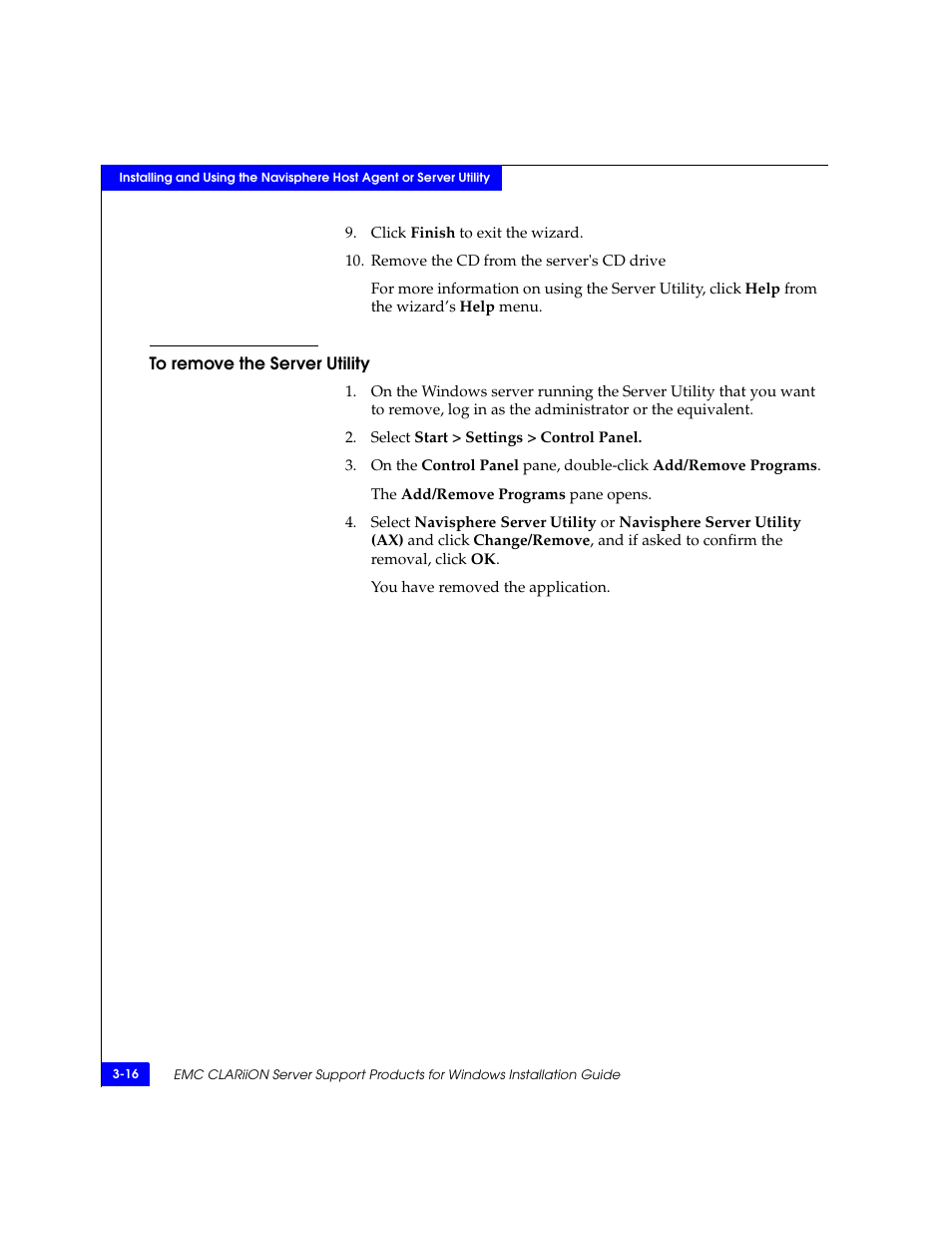 To remove the server utility, To remove the server utility -16 | EMC CLARiiON User Manual | Page 40 / 102