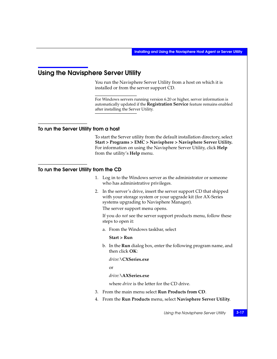 Using the navisphere server utility, To run the server utility from a host, To run the server utility from the cd | Using the navisphere server utility -17 | EMC CLARiiON User Manual | Page 41 / 102