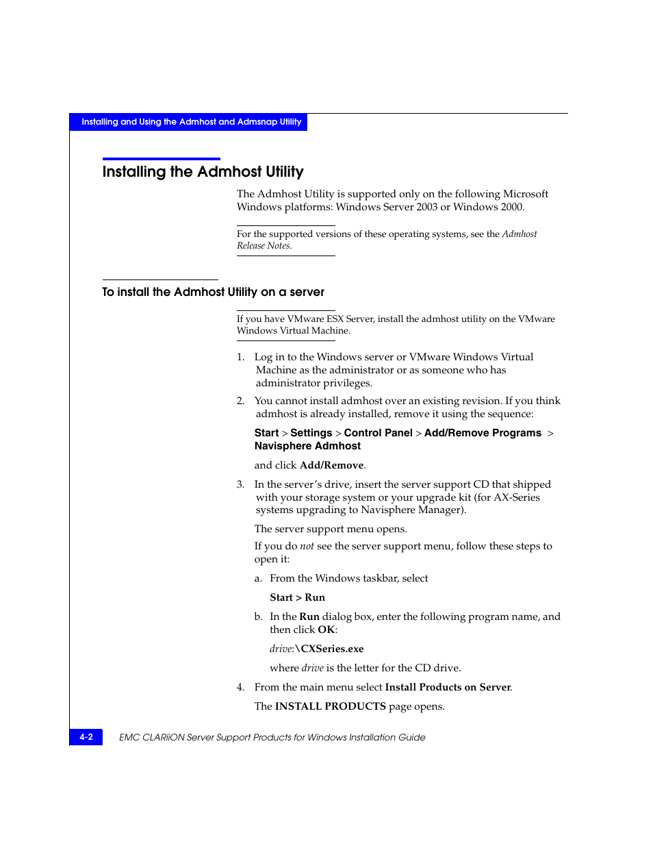Installing the admhost utility, To install the admhost utility on a server, Installing the admhost utility -2 | To install the admhost utility on a server -2 | EMC CLARiiON User Manual | Page 44 / 102