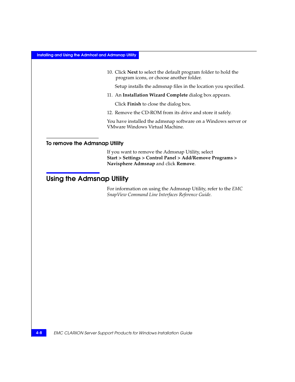 To remove the admsnap utility, Using the admsnap utility, To remove the admsnap utility -8 | Using the admsnap utility -8 | EMC CLARiiON User Manual | Page 50 / 102