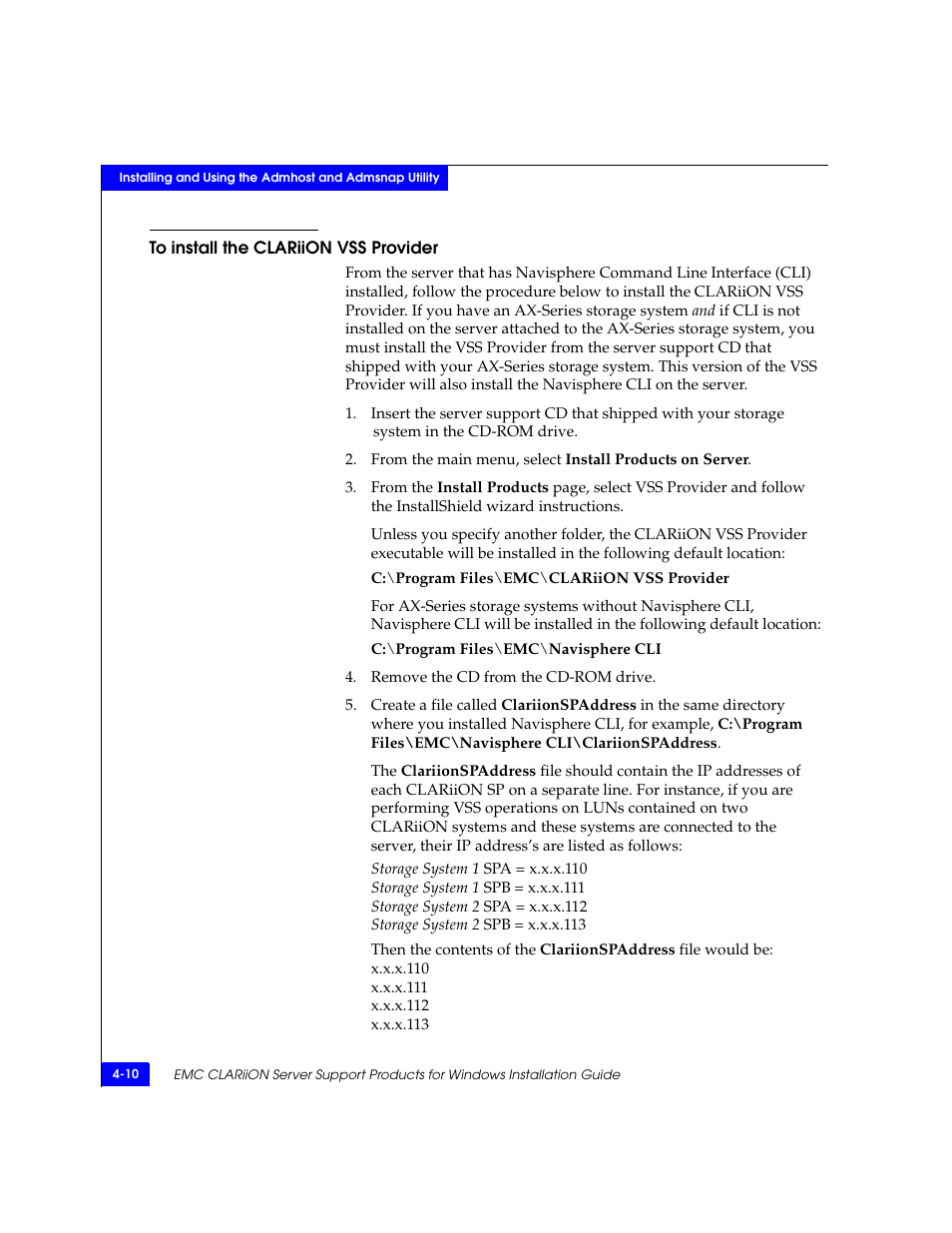To install the clariion vss provider, To install the clariion vss provider -10 | EMC CLARiiON User Manual | Page 52 / 102