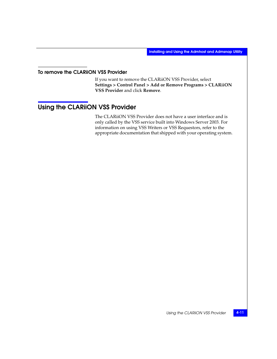 To remove the clariion vss provider, Using the clariion vss provider, To remove the clariion vss provider -11 | Using the clariion vss provider -11 | EMC CLARiiON User Manual | Page 53 / 102