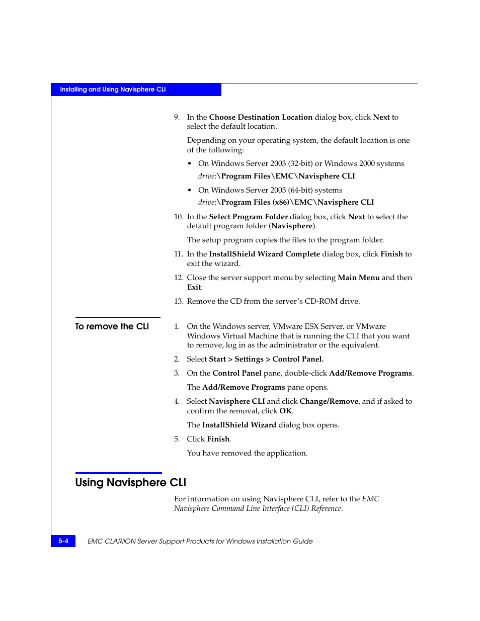 To remove the cli, Using navisphere cli, To remove the cli -4 | Using navisphere cli -4 | EMC CLARiiON User Manual | Page 58 / 102