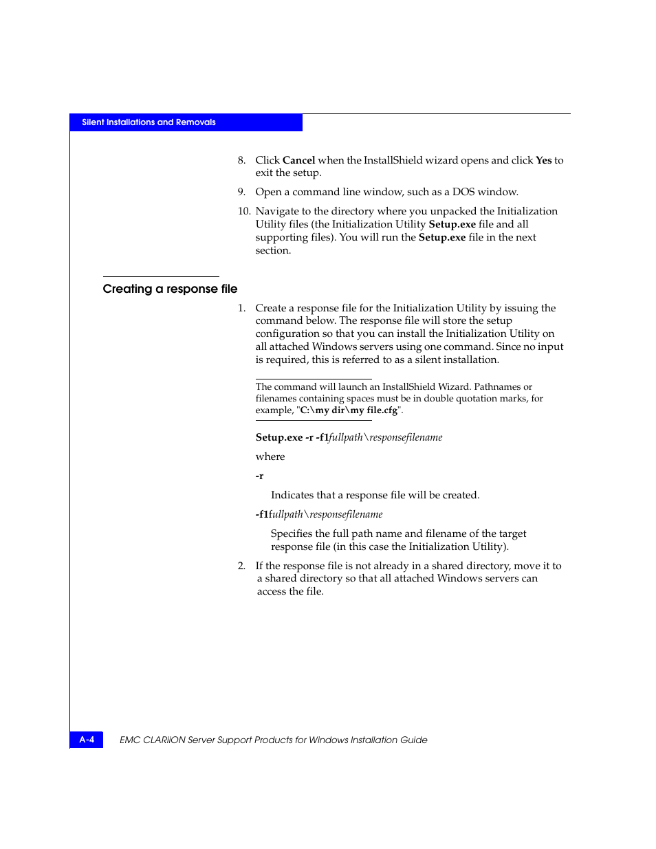 Creating a response file | EMC CLARiiON User Manual | Page 62 / 102