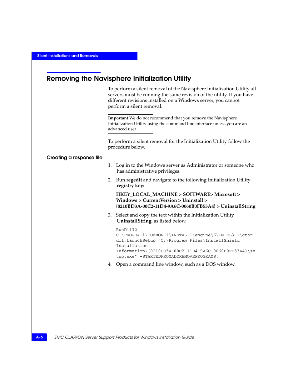 Removing the navisphere initialization utility | EMC CLARiiON User Manual | Page 64 / 102