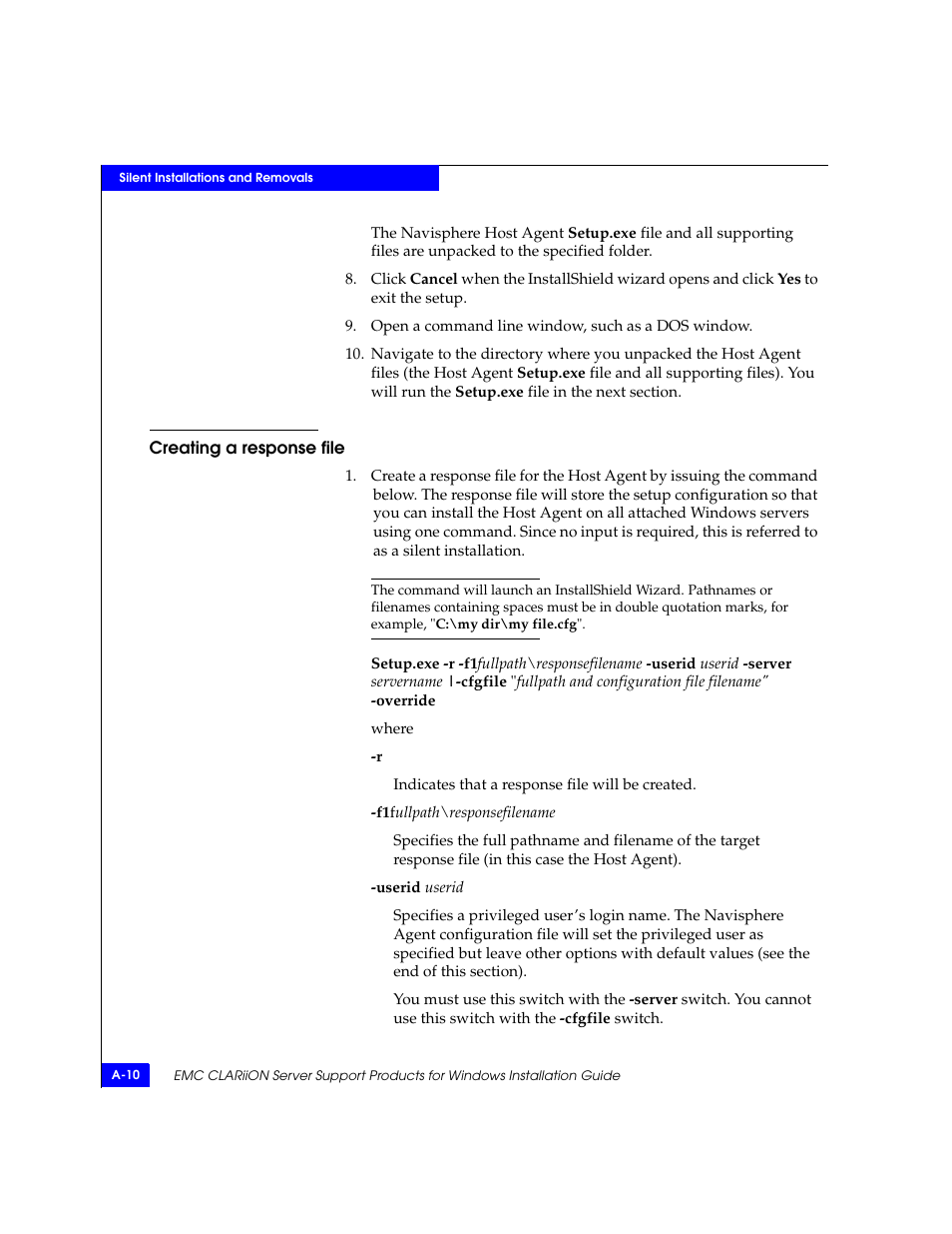 Creating a response file | EMC CLARiiON User Manual | Page 68 / 102