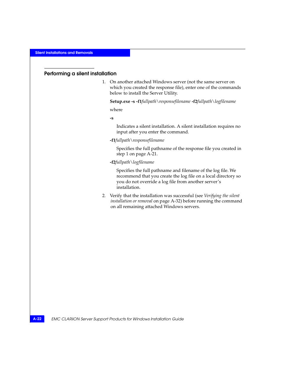 Performing a silent installation | EMC CLARiiON User Manual | Page 80 / 102