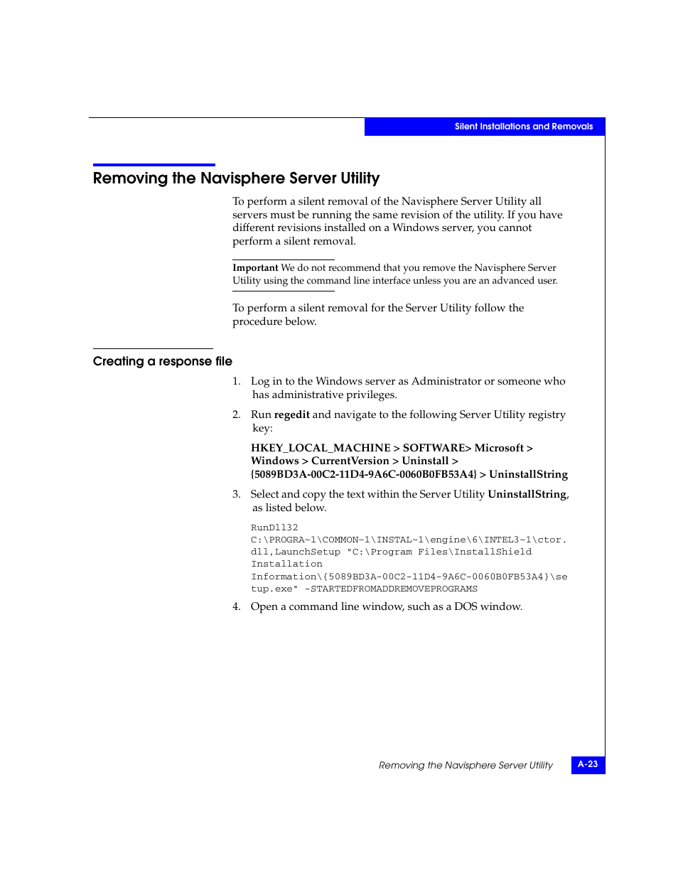 Removing the navisphere server utility, Creating a response file | EMC CLARiiON User Manual | Page 81 / 102