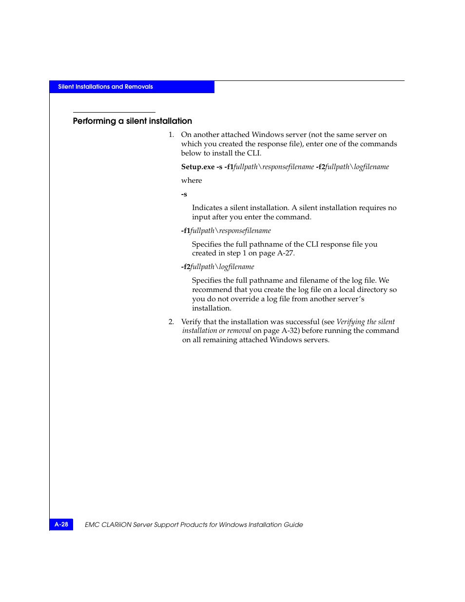 Performing a silent installation | EMC CLARiiON User Manual | Page 86 / 102