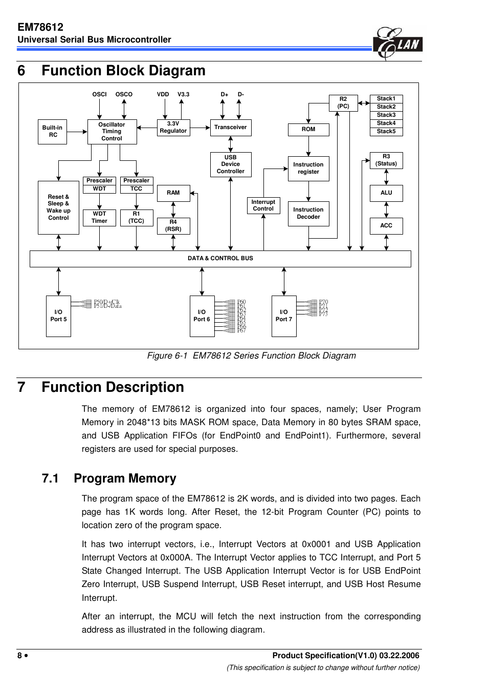 6 function block diagram, 7 function description, Universal serial bus microcontroller | EMC EM78612 User Manual | Page 10 / 37