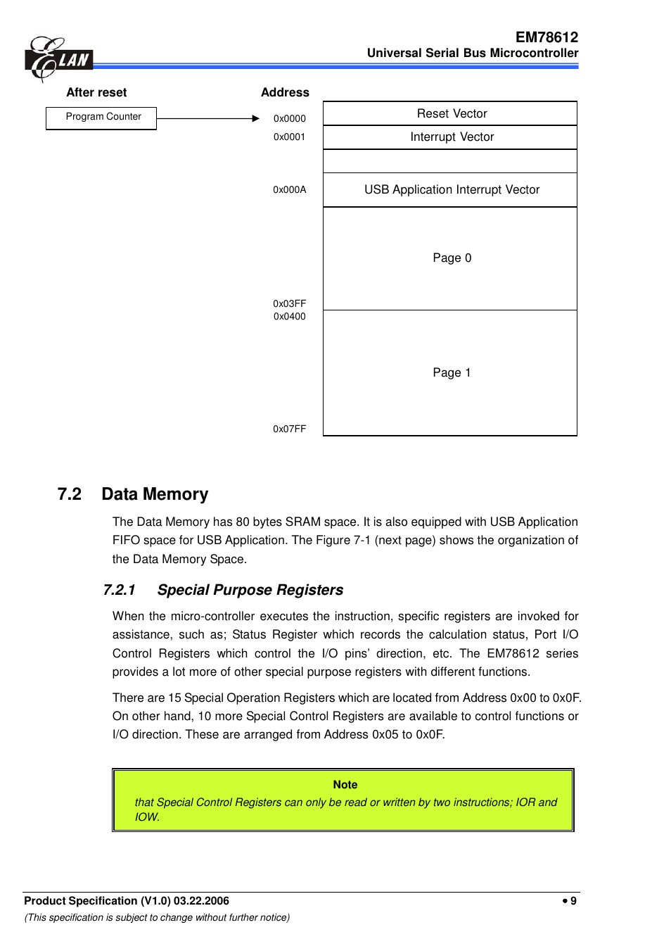 1 special purpose registers | EMC EM78612 User Manual | Page 11 / 37