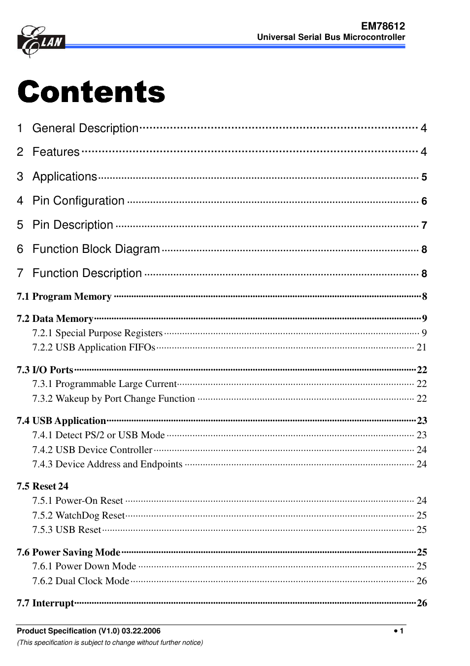 4 pin configuration, 5 pin description, 6 function block diagram | 7 function description | EMC EM78612 User Manual | Page 3 / 37