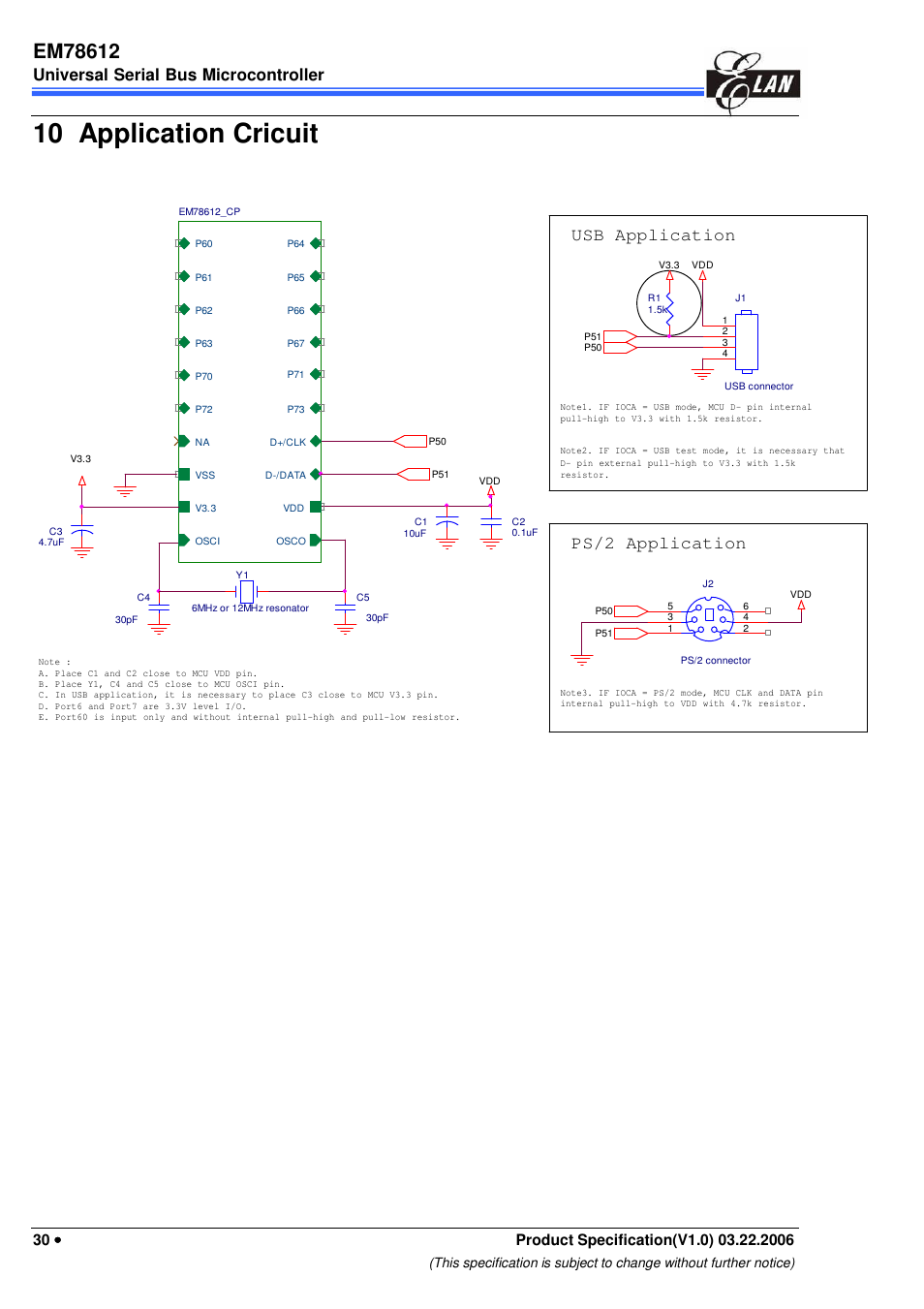 10 application cricuit, Usb application, Ps/2 application | Universal serial bus microcontroller | EMC EM78612 User Manual | Page 32 / 37