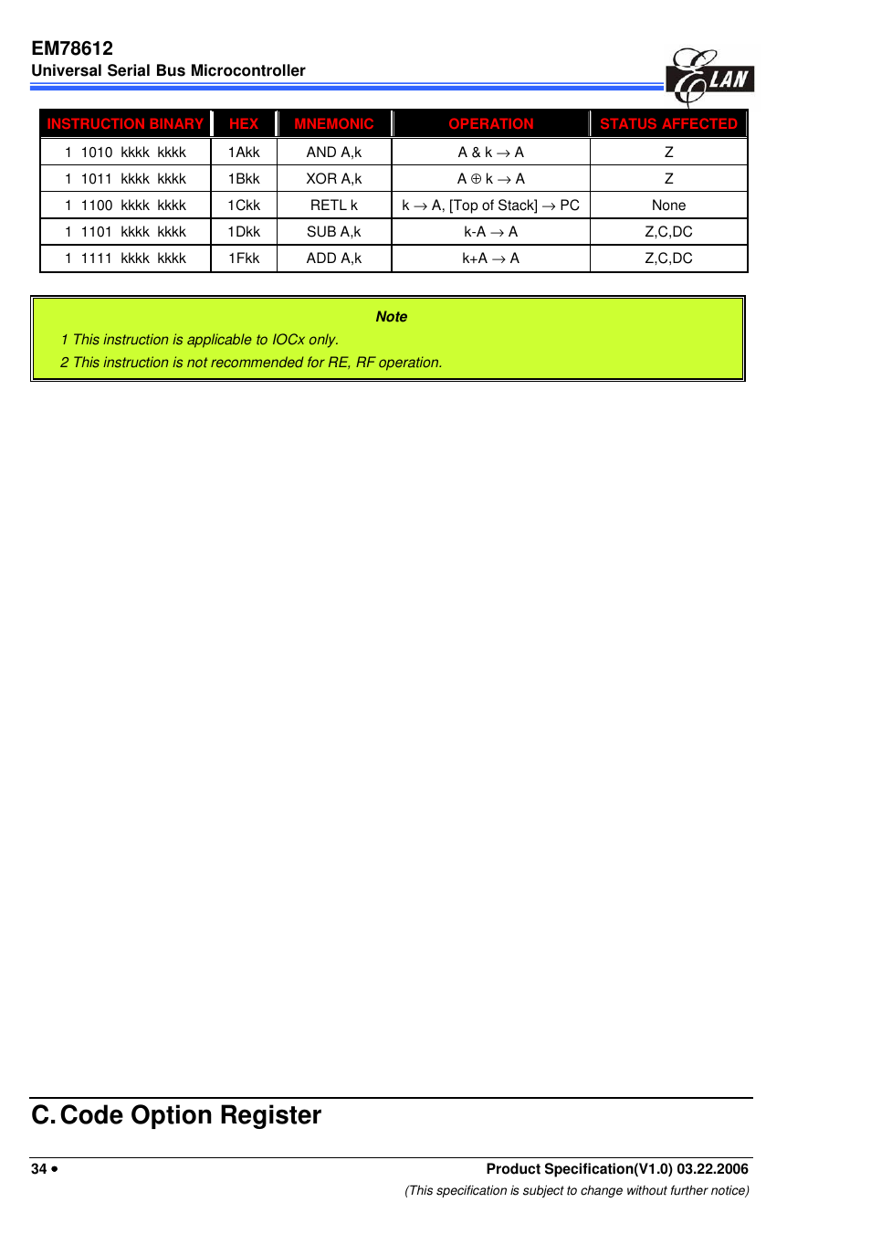 C. code option register | EMC EM78612 User Manual | Page 36 / 37