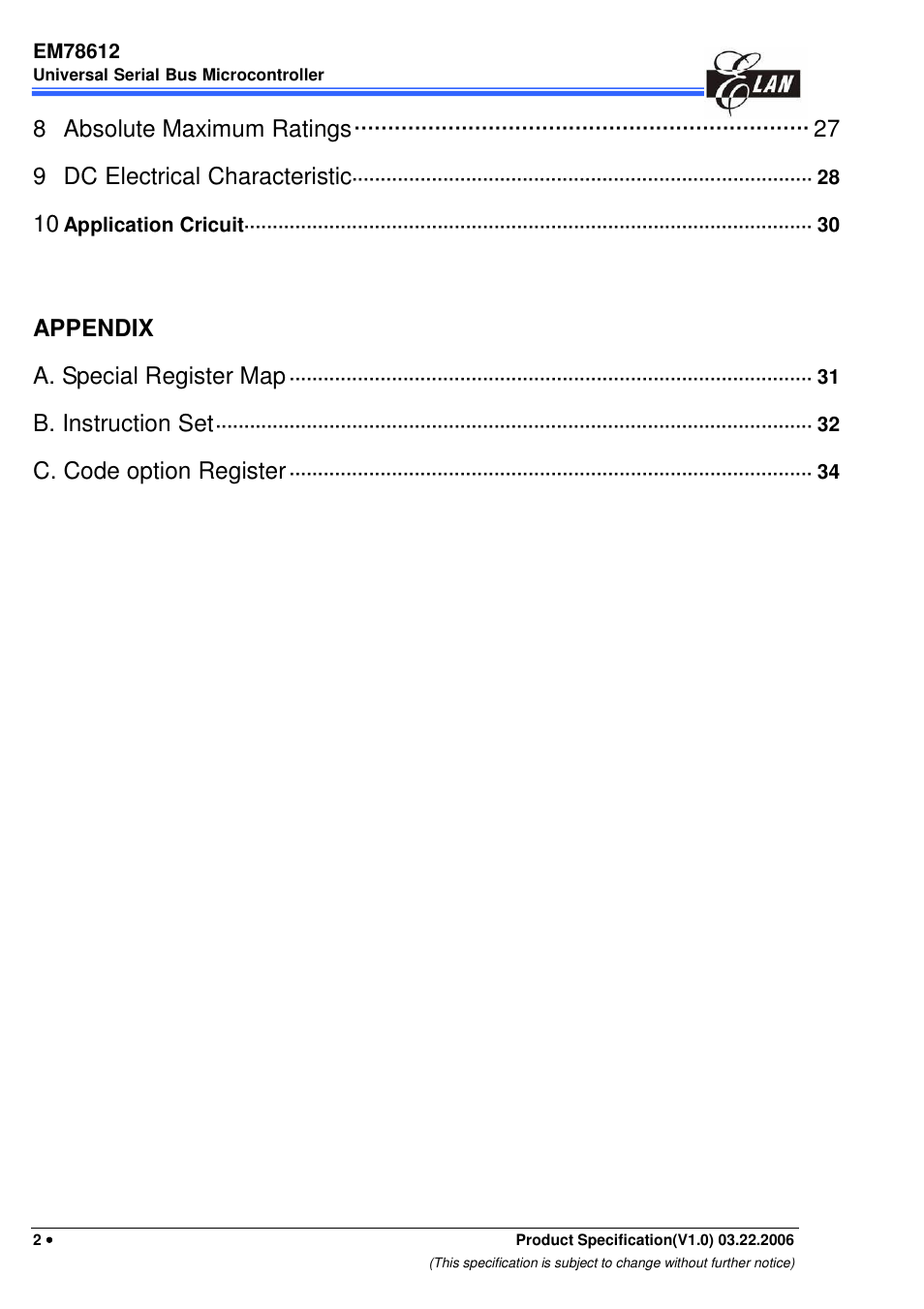 Appendix a. special register map, B. instruction set, C. code option register | EMC EM78612 User Manual | Page 4 / 37