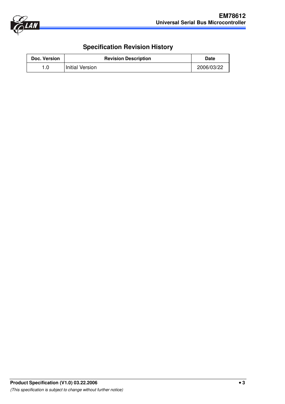 Specification revision history | EMC EM78612 User Manual | Page 5 / 37