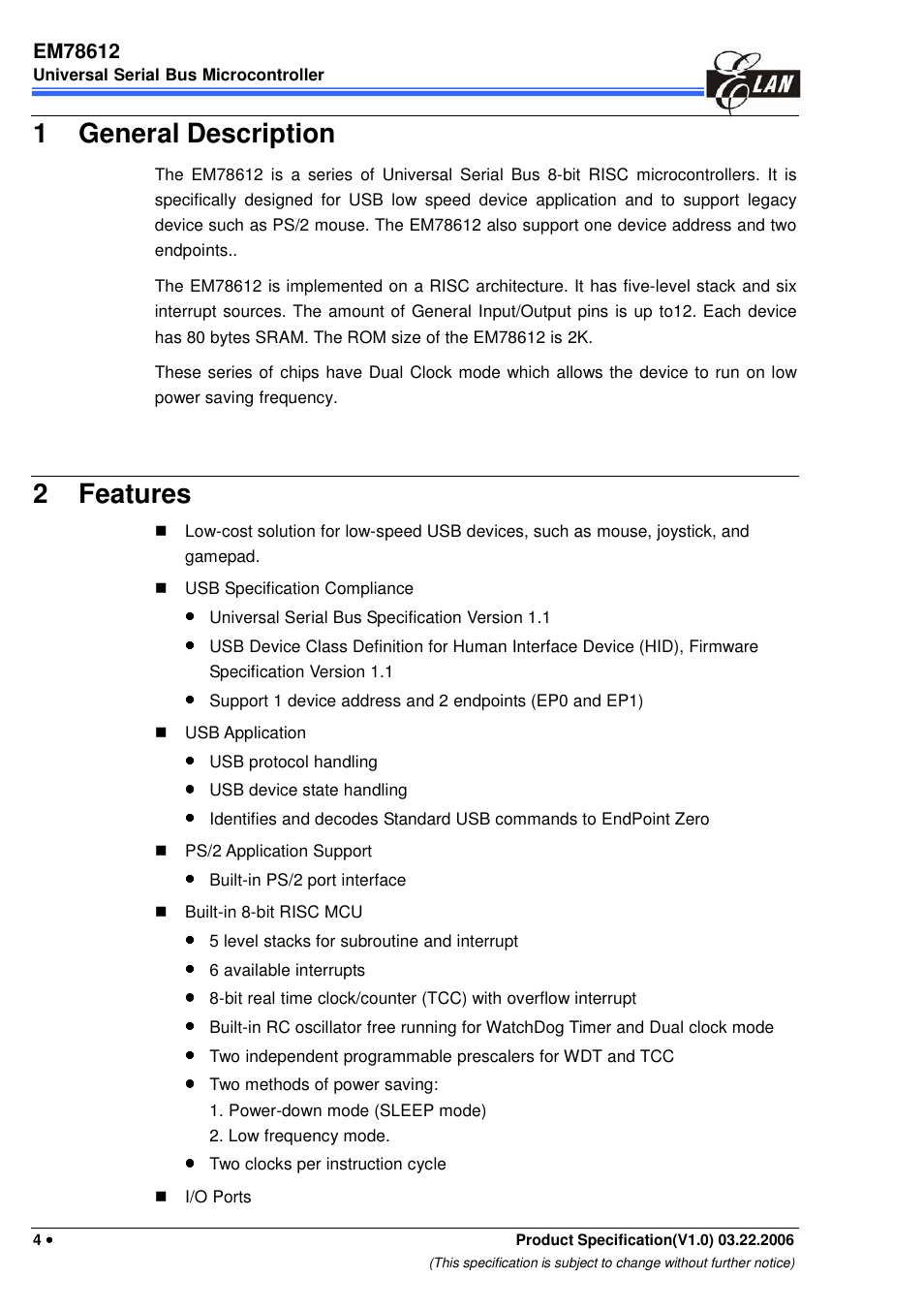 1 general description, 2 features | EMC EM78612 User Manual | Page 6 / 37