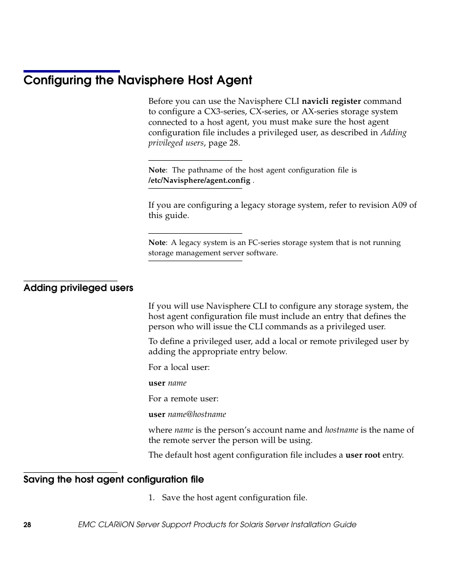 Configuring the navisphere host agent, Adding privileged users, Saving the host agent configuration file | EMC CLARiiON 300002039 User Manual | Page 28 / 47