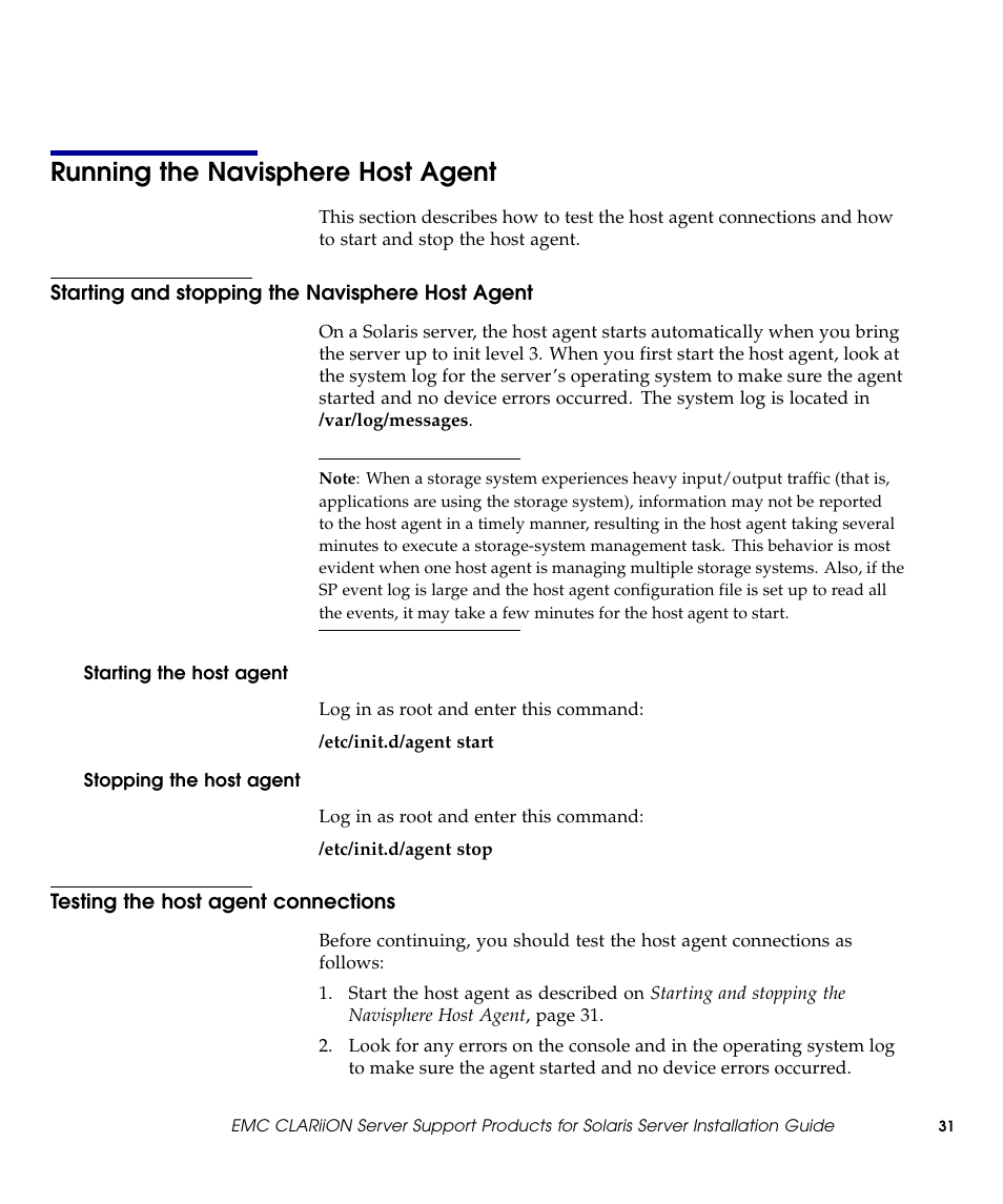 Running the navisphere host agent, Starting and stopping the navisphere host agent, Starting the host agent | Stopping the host agent, Testing the host agent connections | EMC CLARiiON 300002039 User Manual | Page 31 / 47
