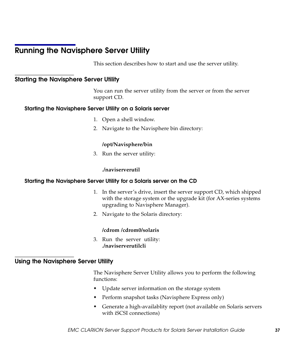 Running the navisphere server utility, Starting the navisphere server utility, Using the navisphere server utility | EMC CLARiiON 300002039 User Manual | Page 37 / 47