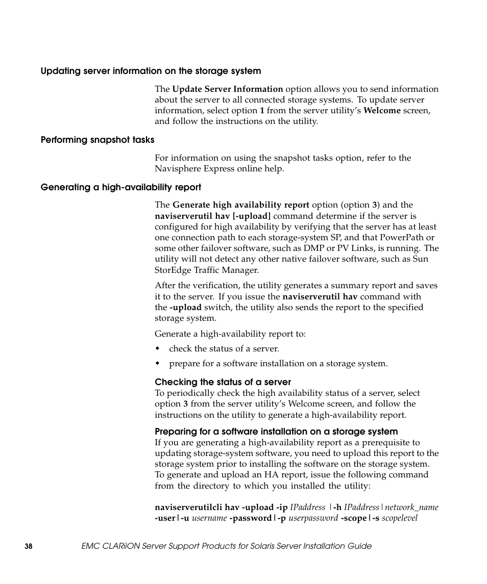 Updating server information on the storage system, Performing snapshot tasks, Generating a high-availability report | Checking the status of a server | EMC CLARiiON 300002039 User Manual | Page 38 / 47