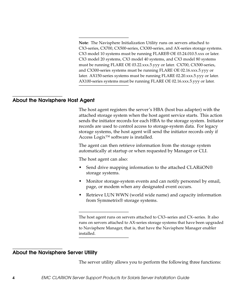 About the navisphere host agent, About the navisphere server utility | EMC CLARiiON 300002039 User Manual | Page 4 / 47