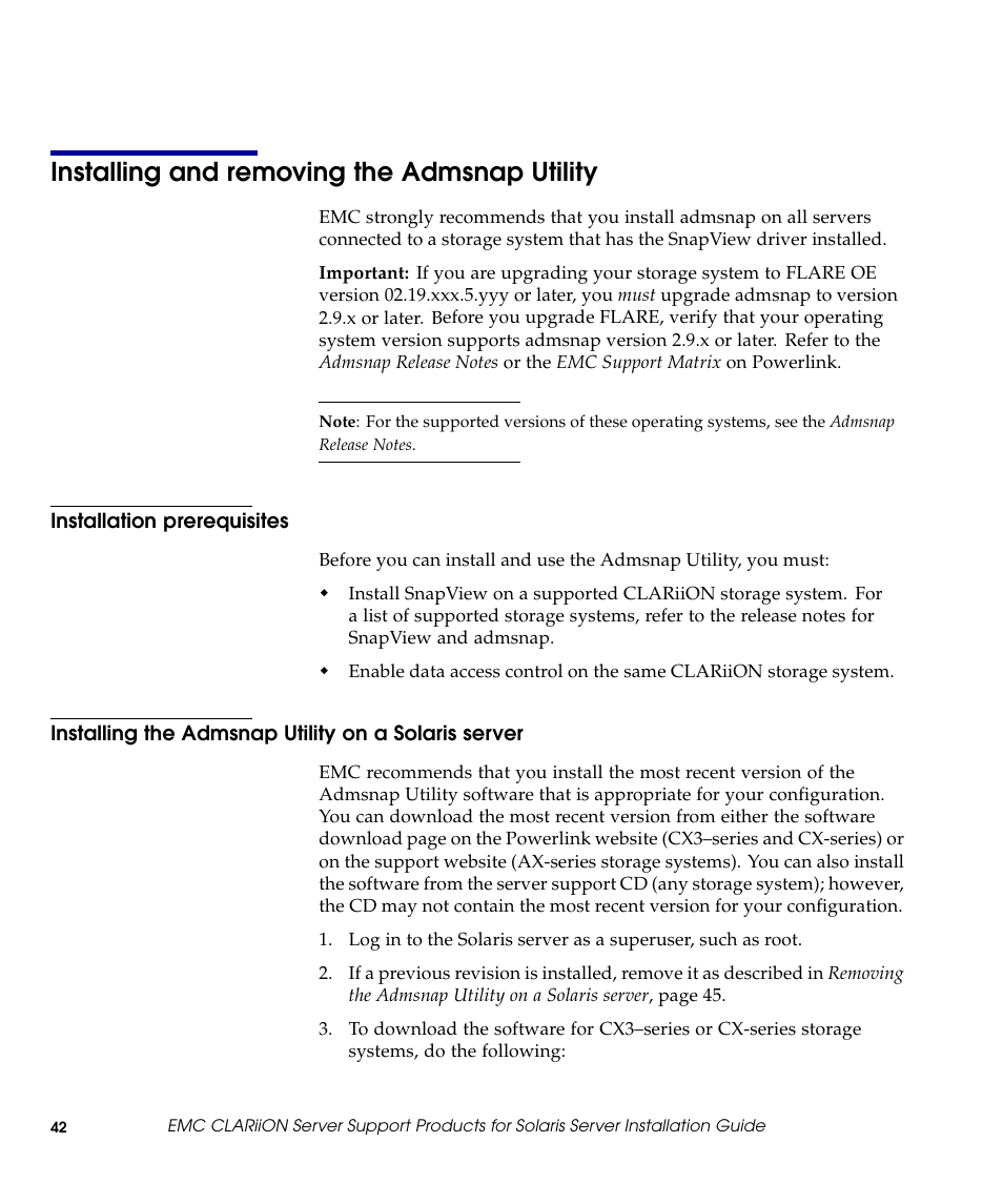 Installing and removing the admsnap utility, Installation prerequisites, Installing the admsnap utility on a solaris server | EMC CLARiiON 300002039 User Manual | Page 42 / 47