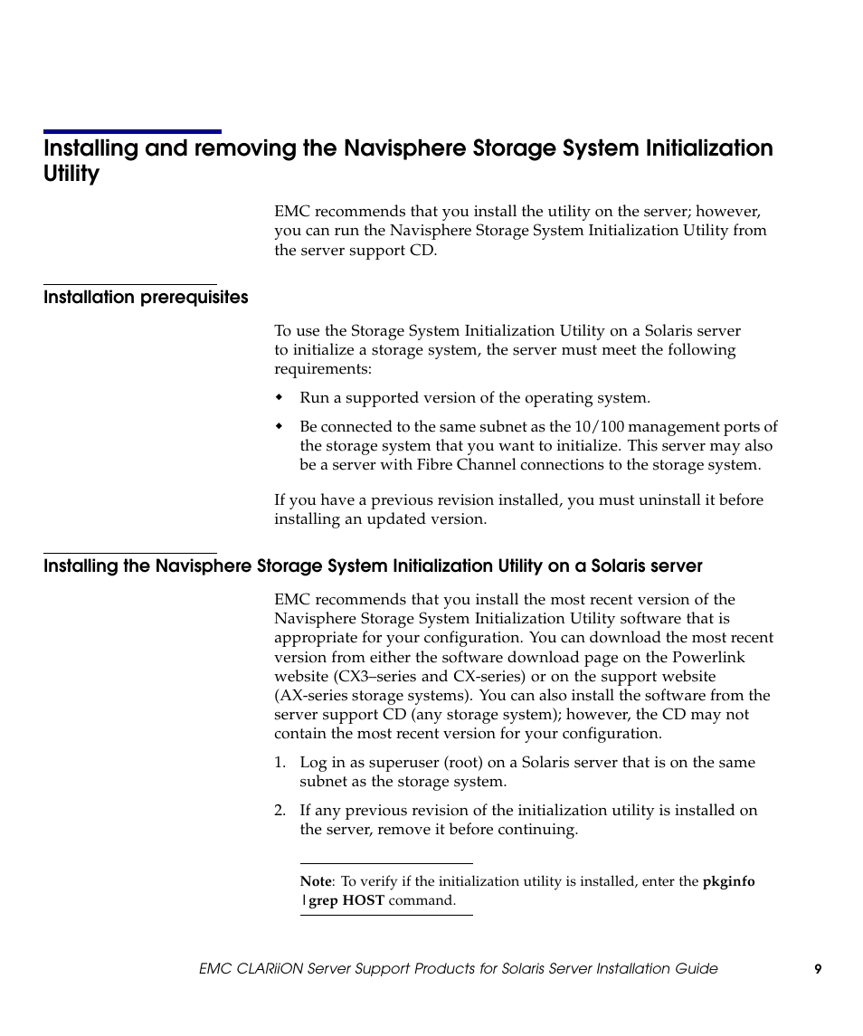 Installation prerequisites, Utility | EMC CLARiiON 300002039 User Manual | Page 9 / 47