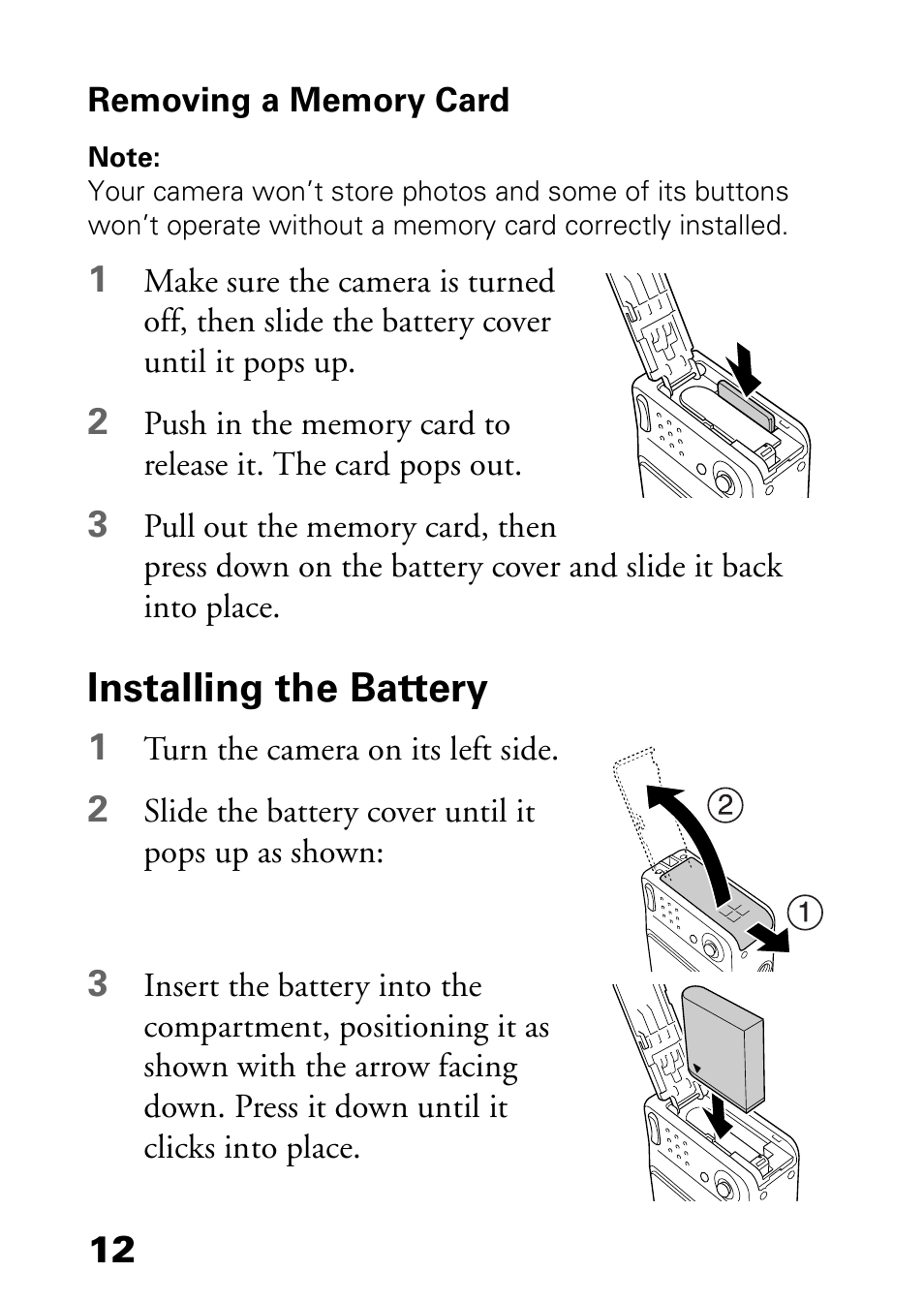 Removing a memory card, Installing the battery | Epson L-500V User Manual | Page 12 / 66