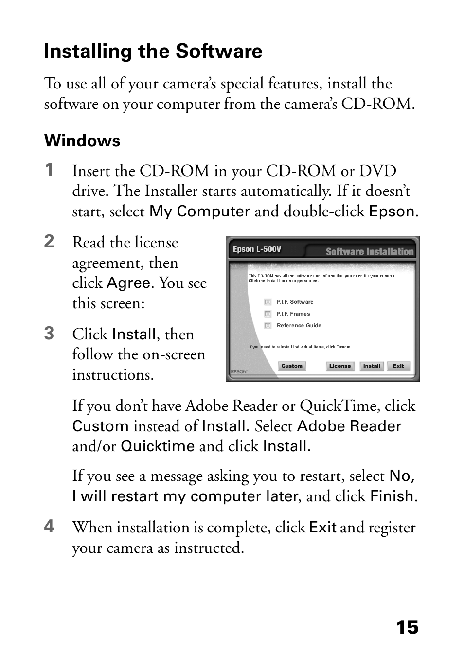 Installing the software, Windows | Epson L-500V User Manual | Page 15 / 66