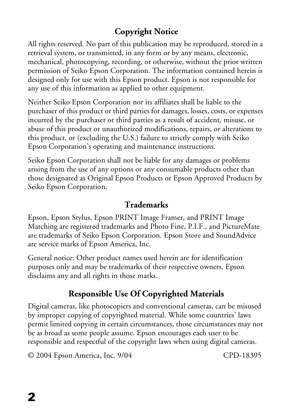 Copyright notice, Trademarks, Responsible use of copyrighted materials | Epson L-500V User Manual | Page 2 / 66