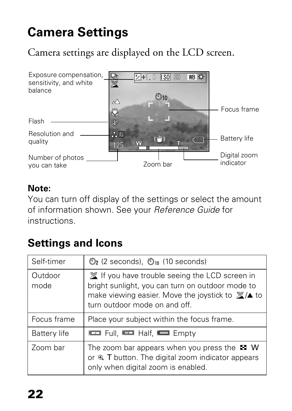 Camera settings, Settings and icons, Camera settings are displayed on the lcd screen | Epson L-500V User Manual | Page 22 / 66