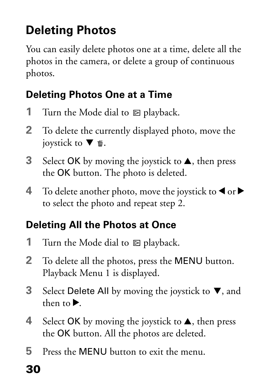 Deleting photos, Deleting photos one at a time, Deleting all the photos at once | Epson L-500V User Manual | Page 30 / 66