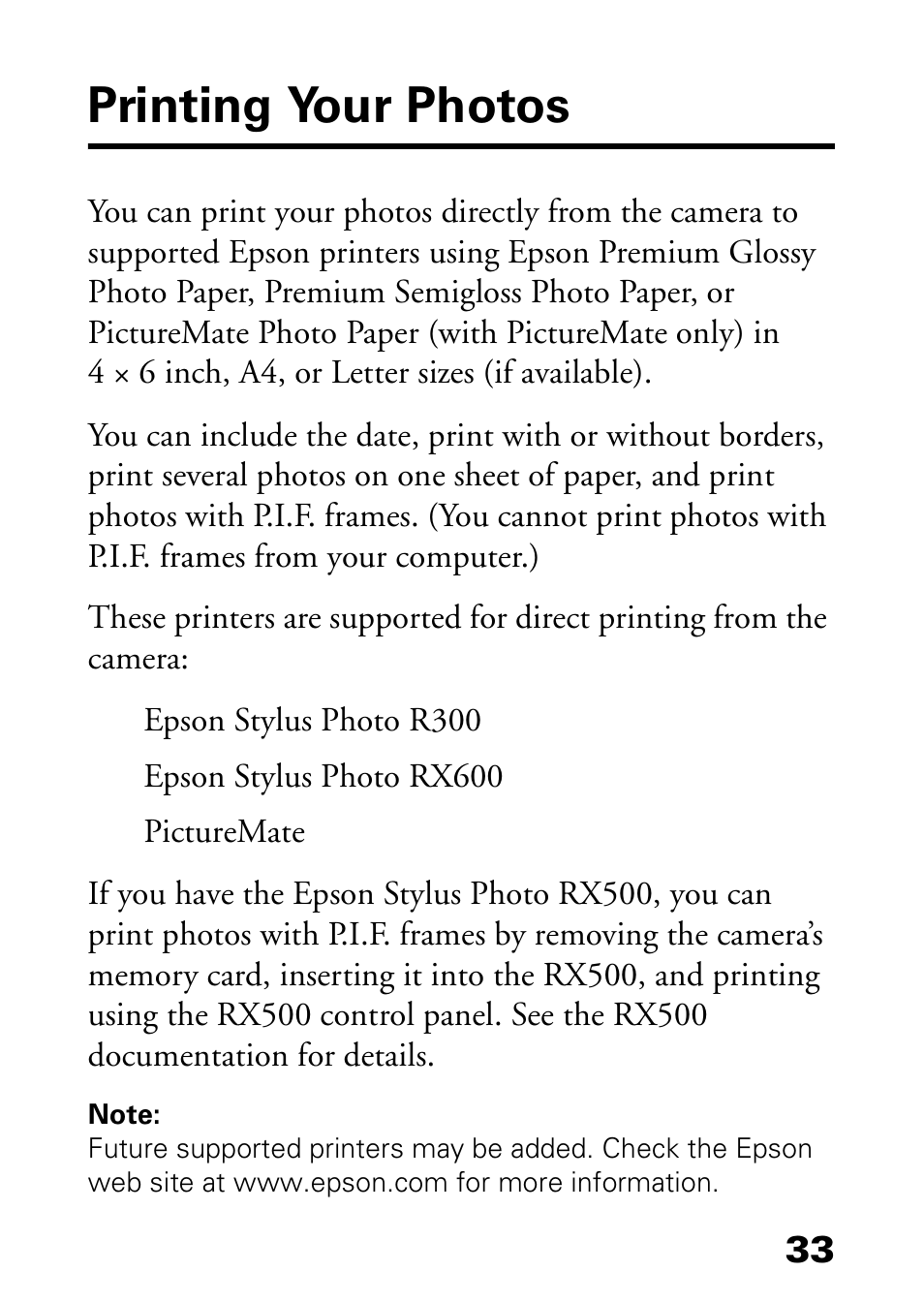 Printing your photos | Epson L-500V User Manual | Page 33 / 66