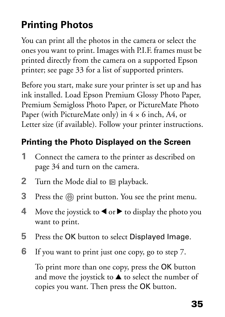 Printing photos, Printing the photo displayed on the screen | Epson L-500V User Manual | Page 35 / 66