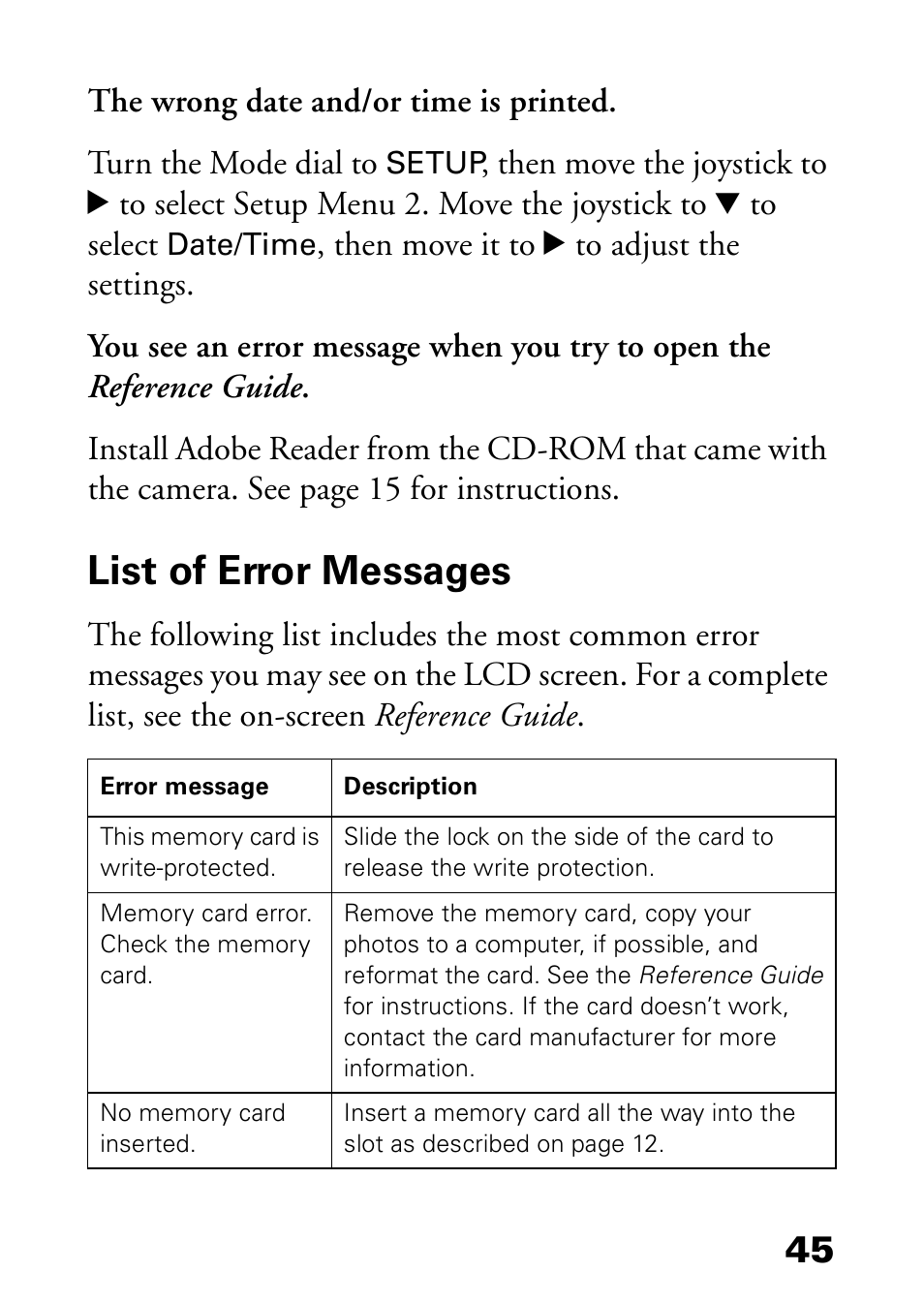 List of error messages | Epson L-500V User Manual | Page 45 / 66