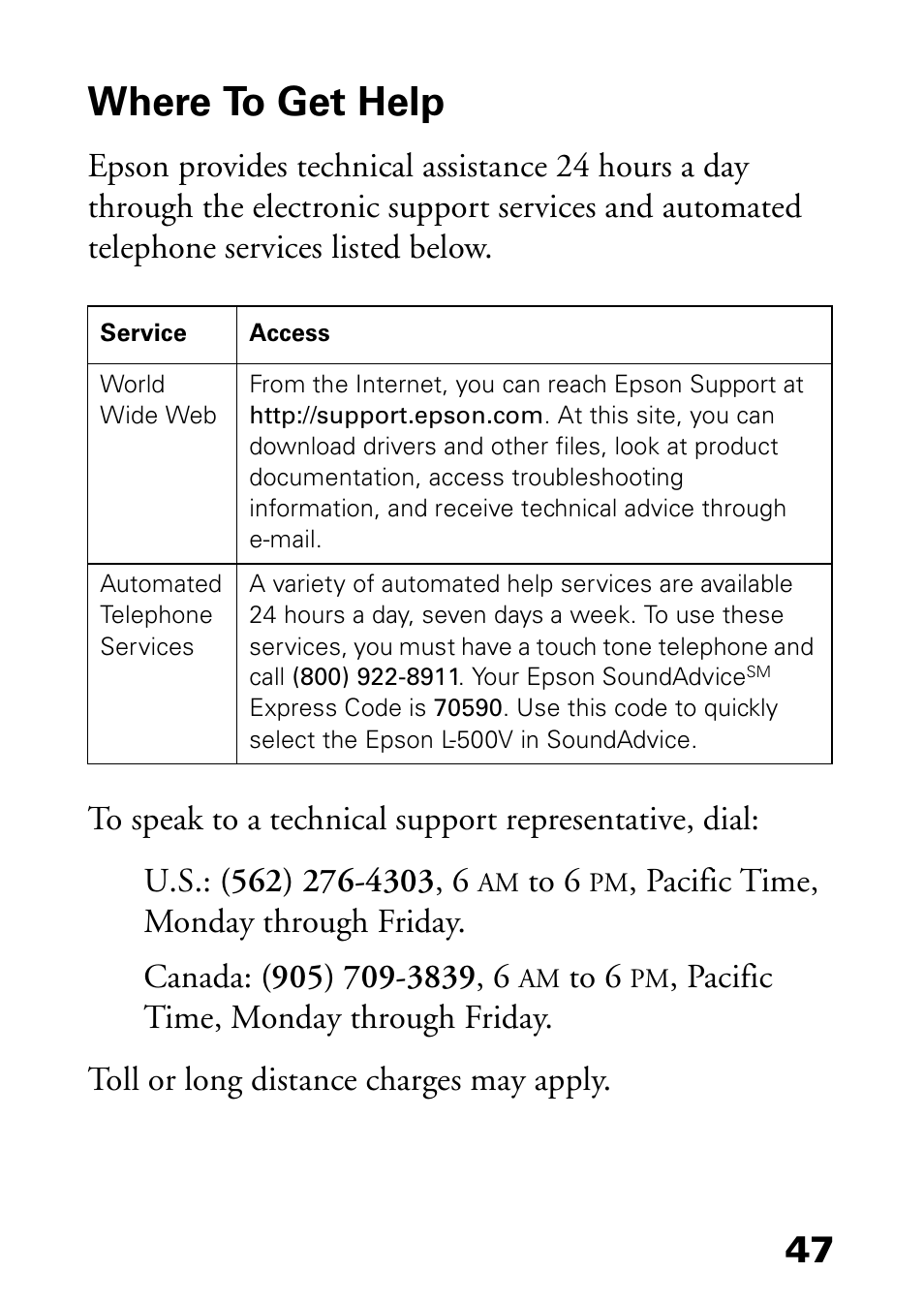 Where to get help | Epson L-500V User Manual | Page 47 / 66