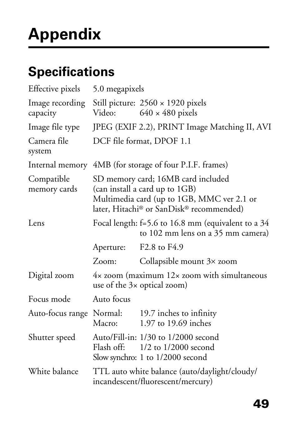 Appendix, Specifications, Appendix 49 | Specifications 49 | Epson L-500V User Manual | Page 49 / 66