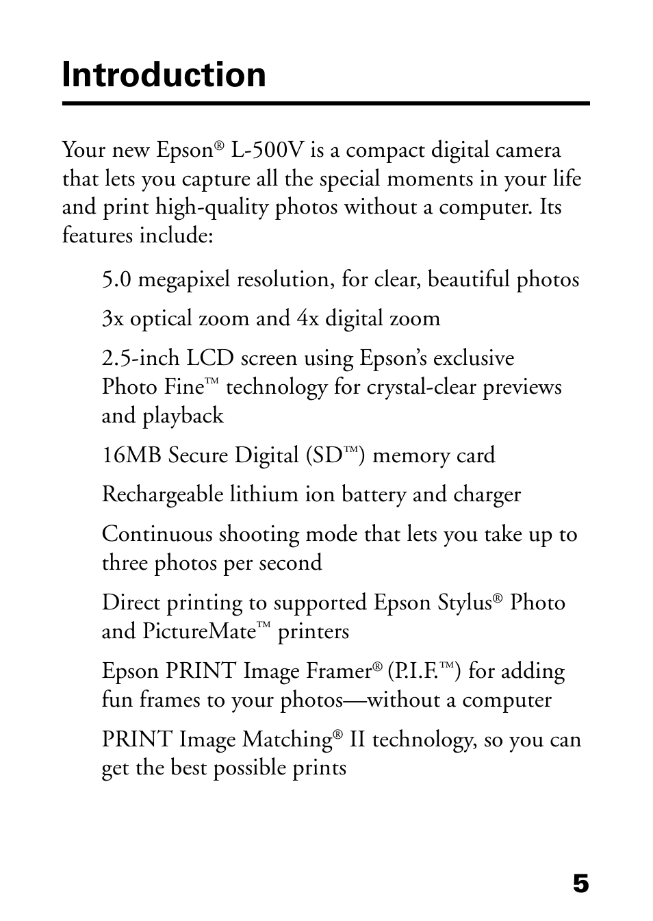 Introduction, Introduction 5 | Epson L-500V User Manual | Page 5 / 66