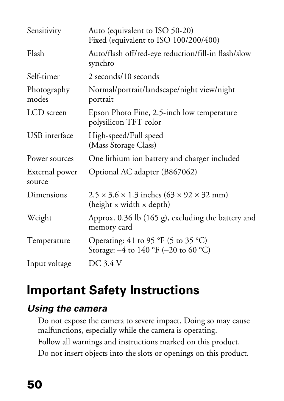 Important safety instructions | Epson L-500V User Manual | Page 50 / 66