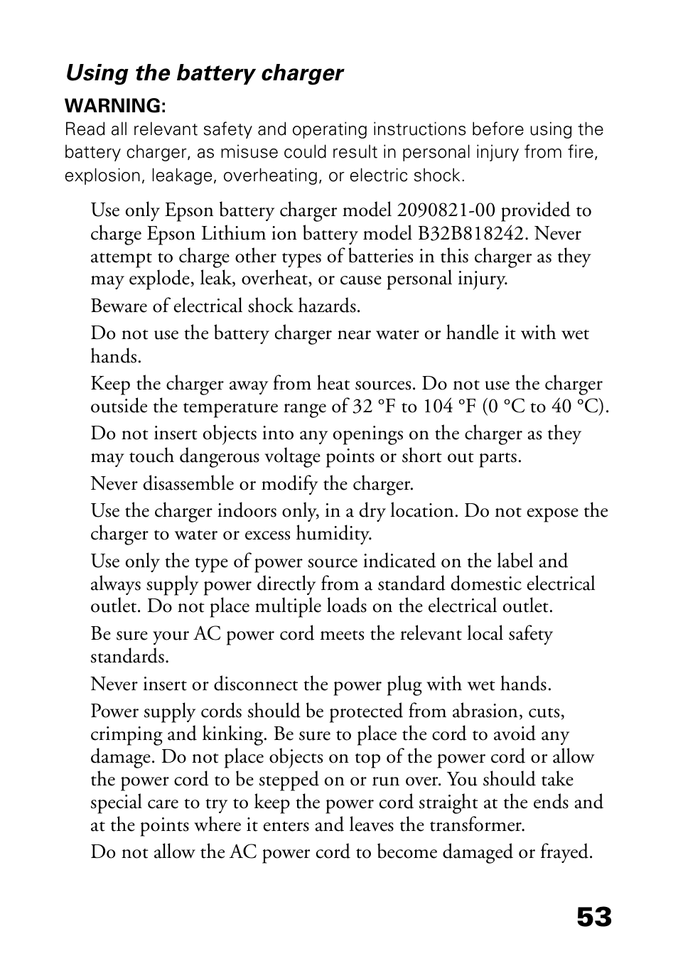 Using the battery charger | Epson L-500V User Manual | Page 53 / 66