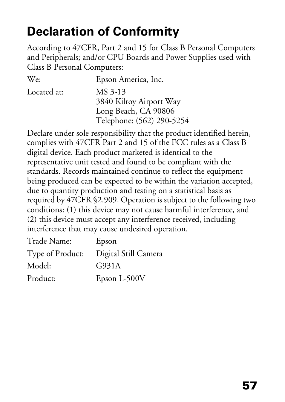 Declaration of conformity | Epson L-500V User Manual | Page 57 / 66