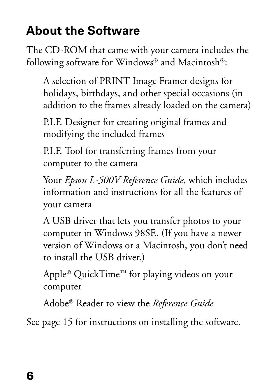 About the software | Epson L-500V User Manual | Page 6 / 66