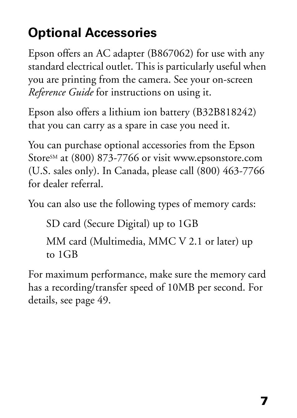 Optional accessories | Epson L-500V User Manual | Page 7 / 66