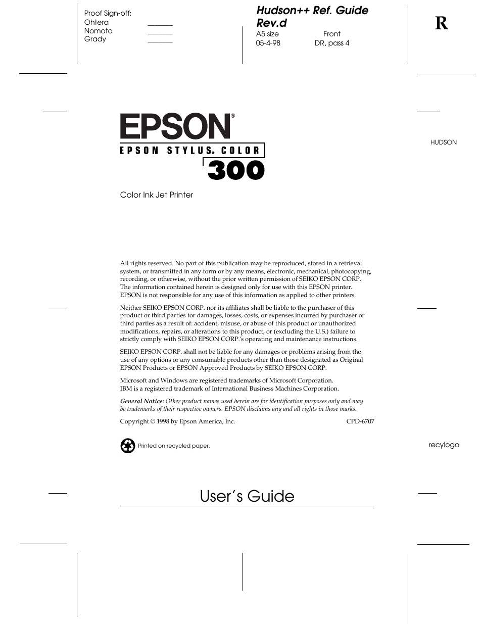 Epson 300 User Manual | 91 pages