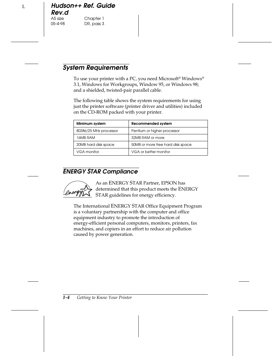 Energy star compliance, System requirements, Hudson++ ref. guide rev.d | Nergy, Tar compliance | Epson 300 User Manual | Page 12 / 91